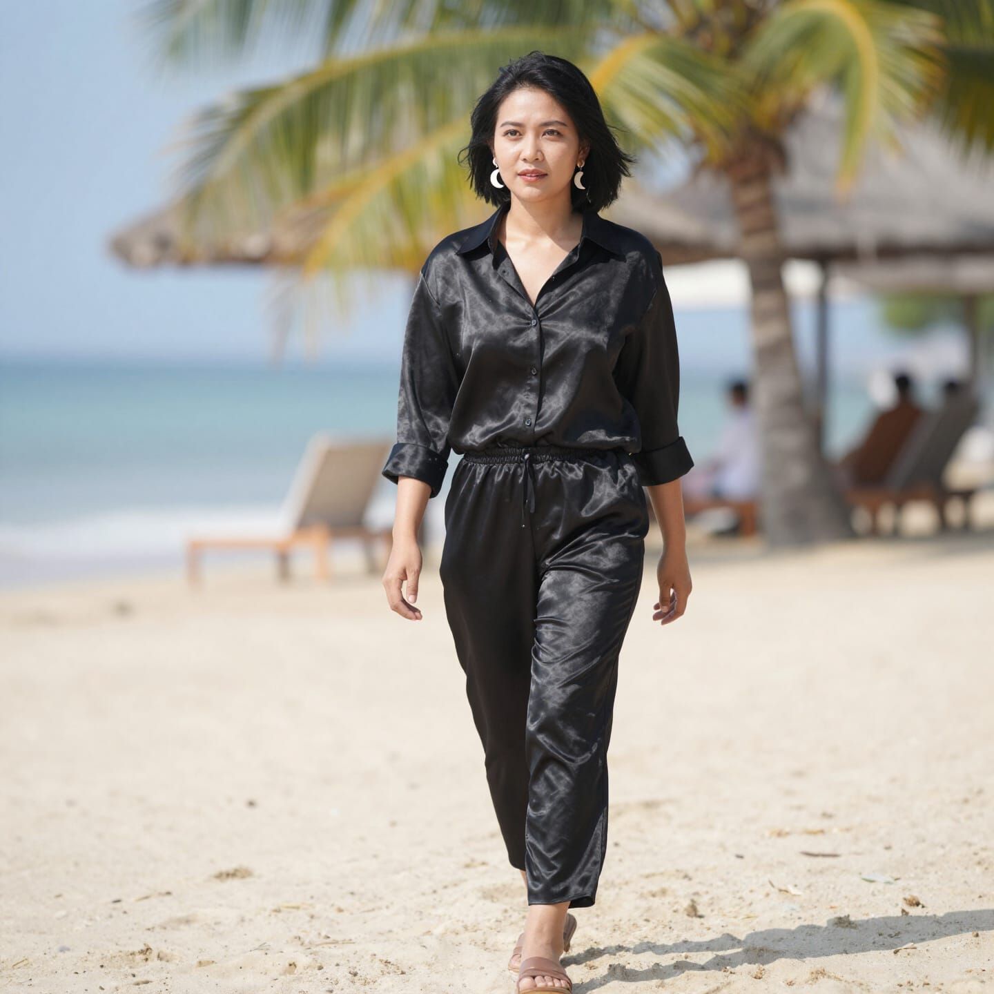 Thai Woman in Silk Attire with Moon Earrings