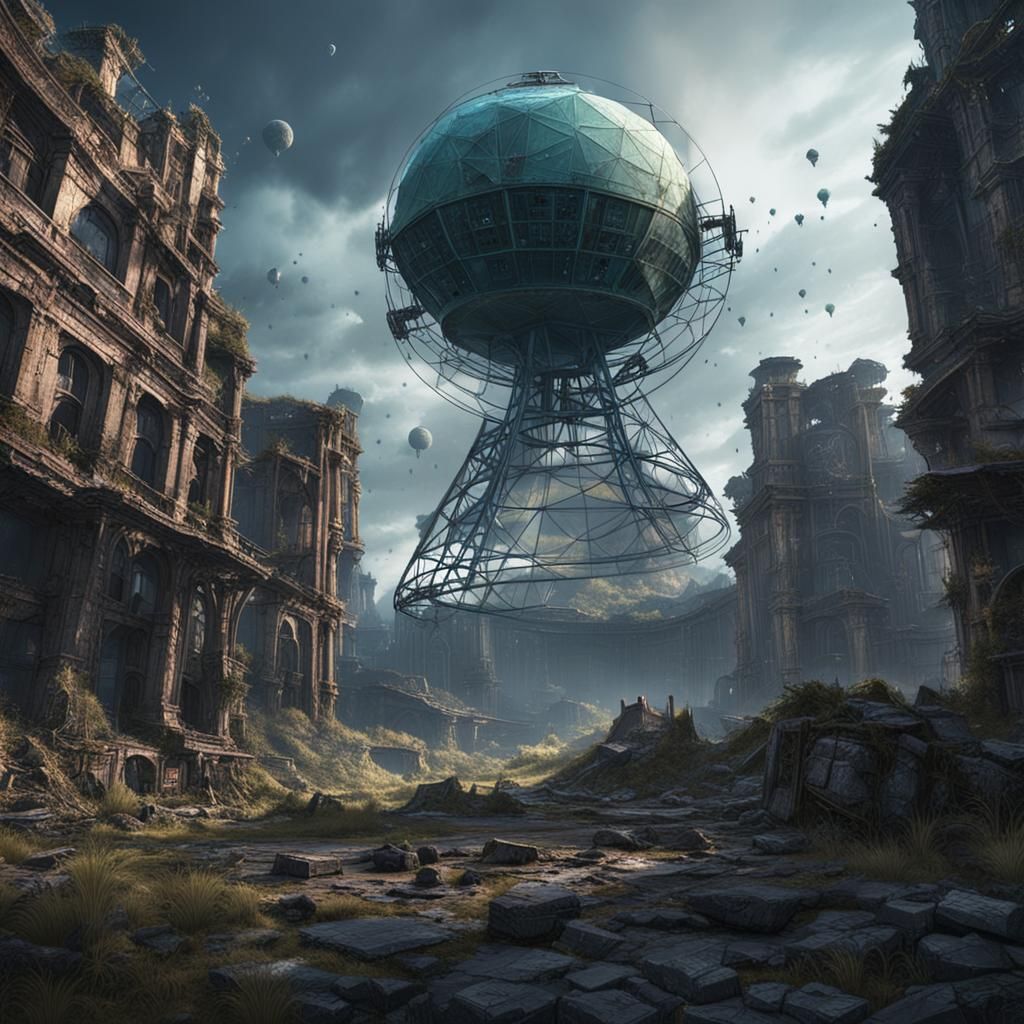 Decayed giant radar in the haunted ruins of an abandoned cit...