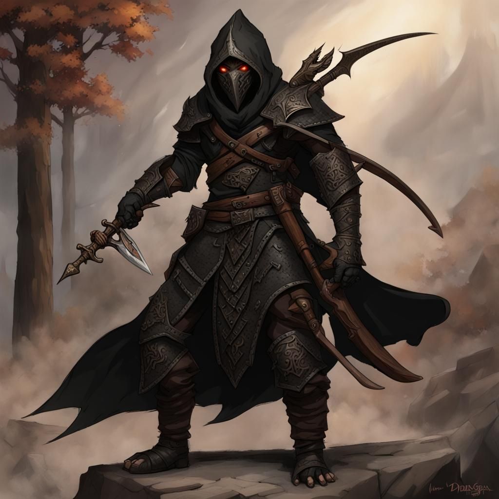 black dragonborn in assassin cloak he has a crossbow