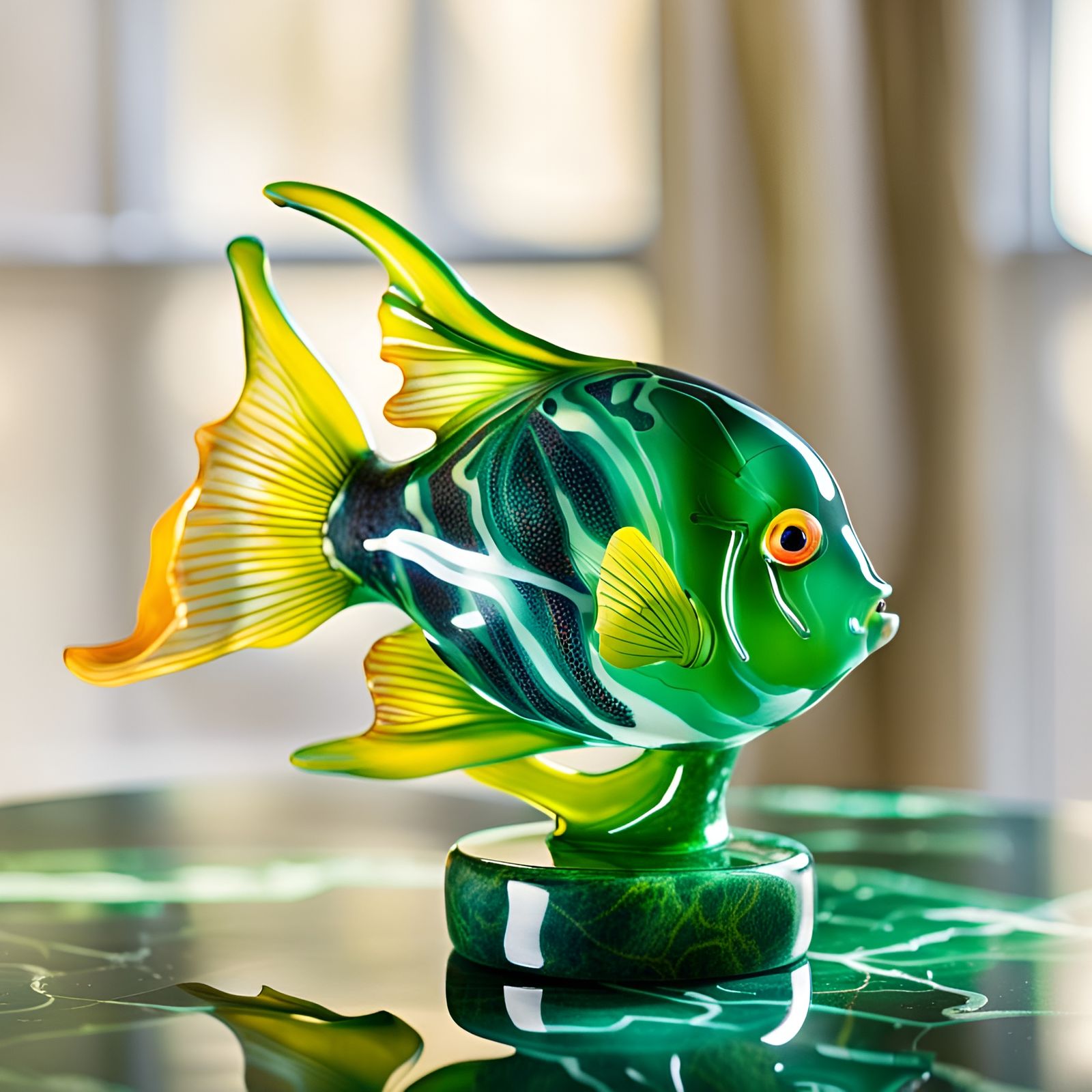 blown glass angelfish and seaweed sculpture artistically displayed on green marble counter, beautiful, ...  by @Superbear