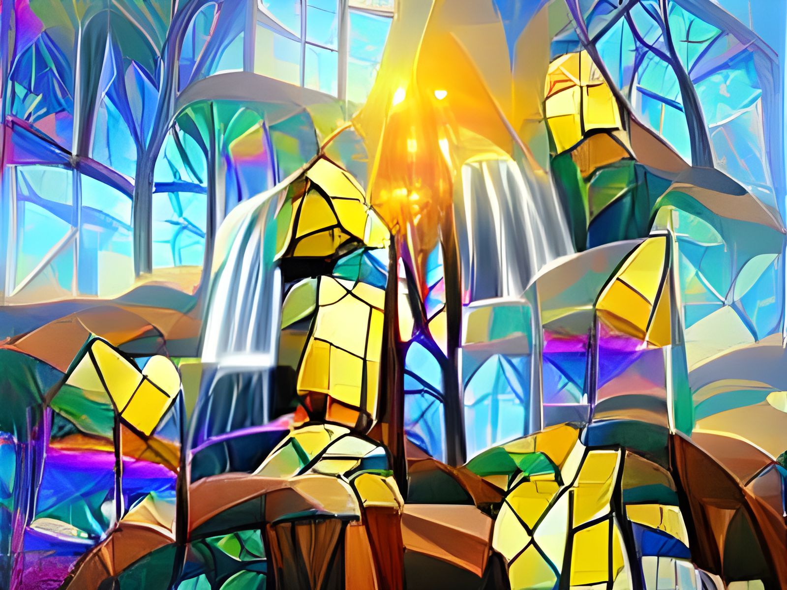 Crystal waterfall in a stained glass forest art deco detaile...
