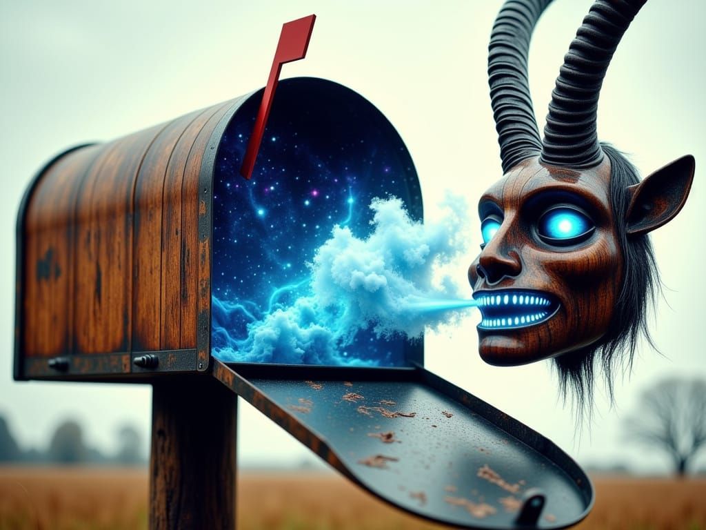 Surreal Mailbox with African Mask and Galactic Portal