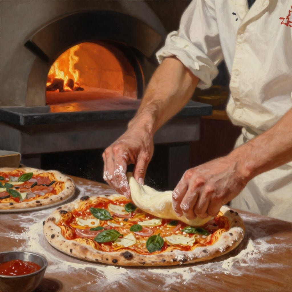 Master Pizzaiolo Crafting Pizza in Warm Oven Light