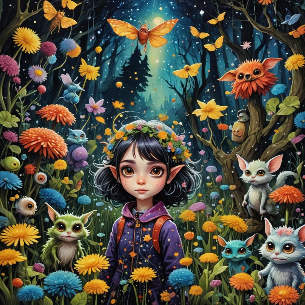 a Tiny elf girl surrounded fluffy gremlin creatures