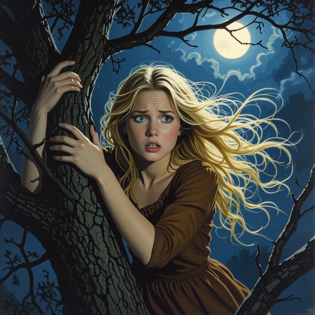 On a dark night with no moon, a young long blonde haired woman in a brown dress is in a tree arms and legs wrapped around the branches to ho...