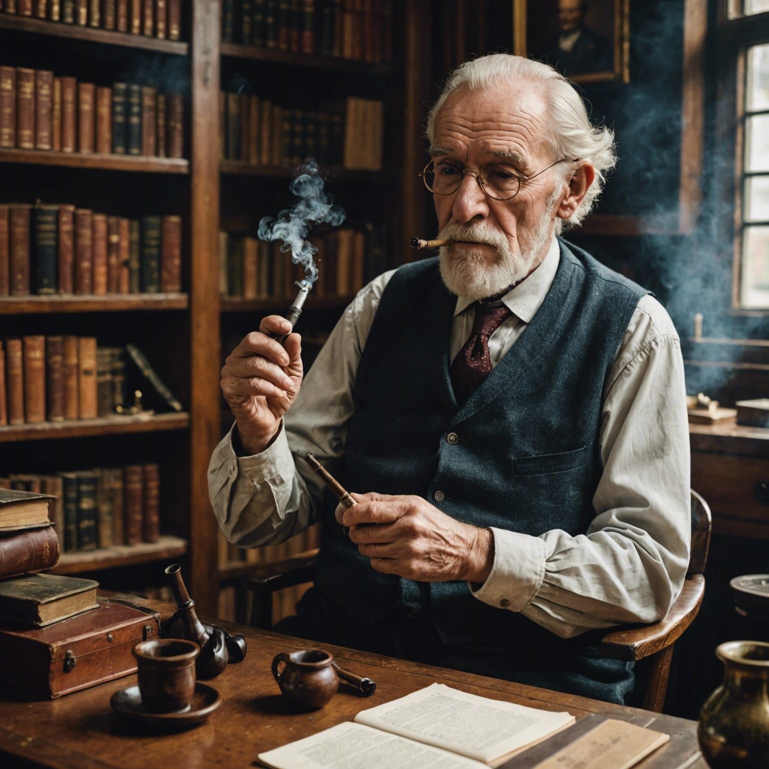 Old man sat in his study smoking a pipe 