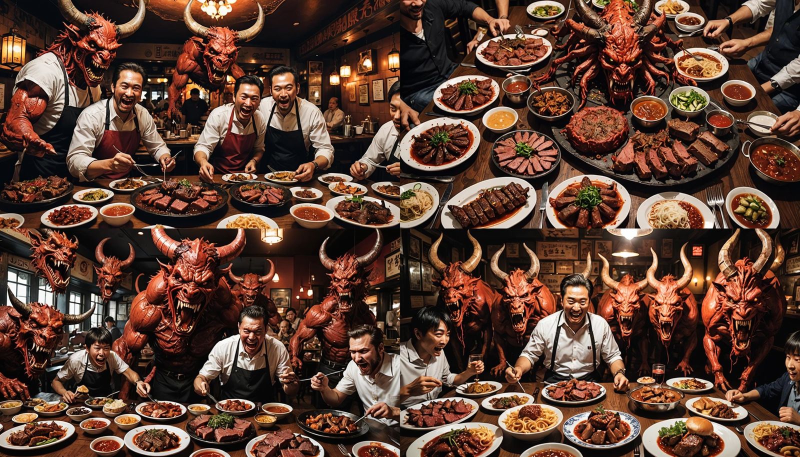 Eating hell of demons in a restaurant and plenty of meat