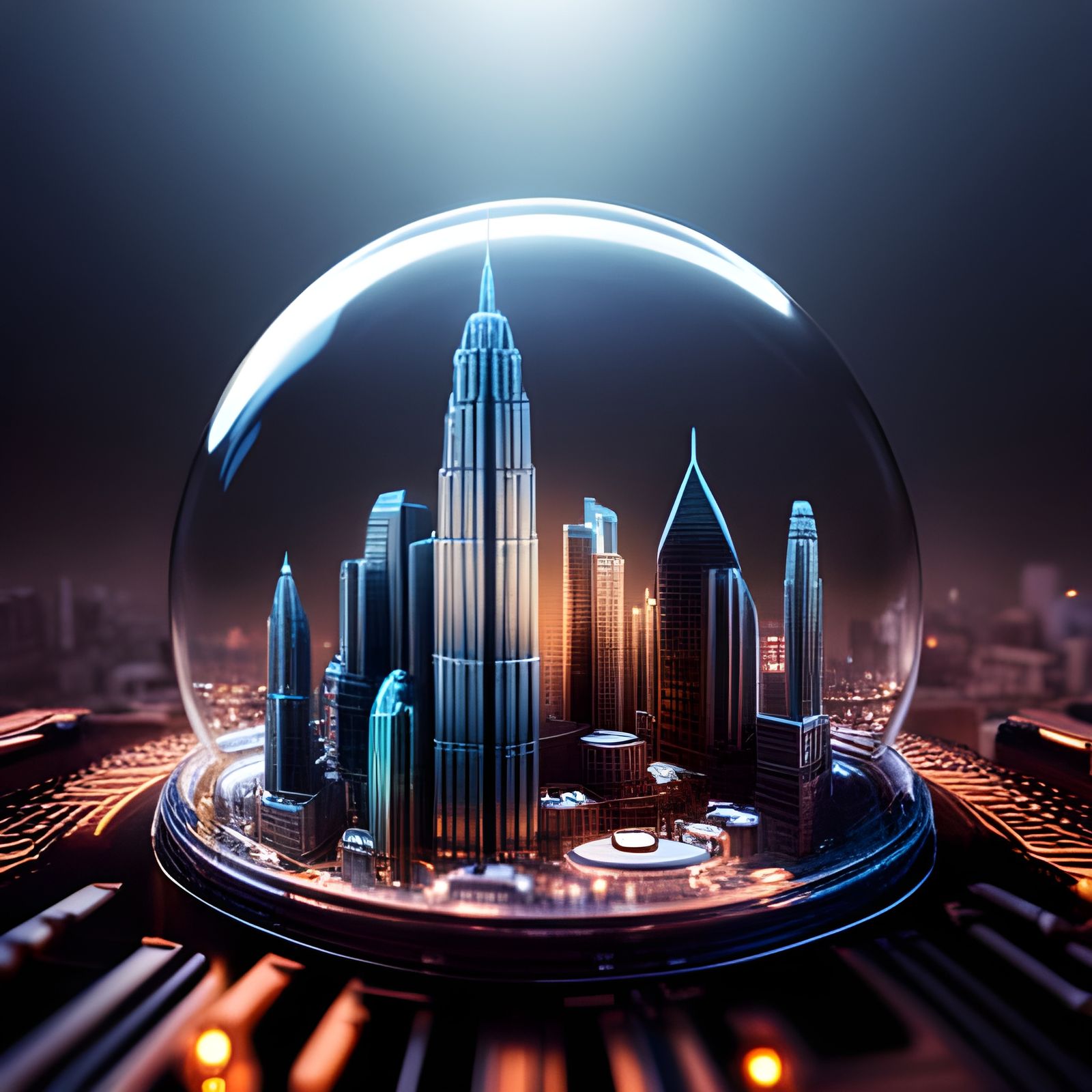 realistic city in glass dome on surface