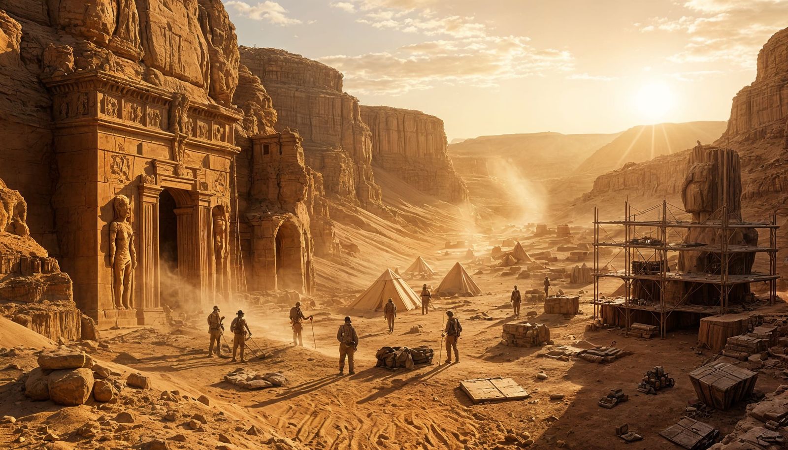 **“A vast archaeological excavation deep in an ancient desert valley at sunrise. Towering sandstone cliffs ...  by @jumbo