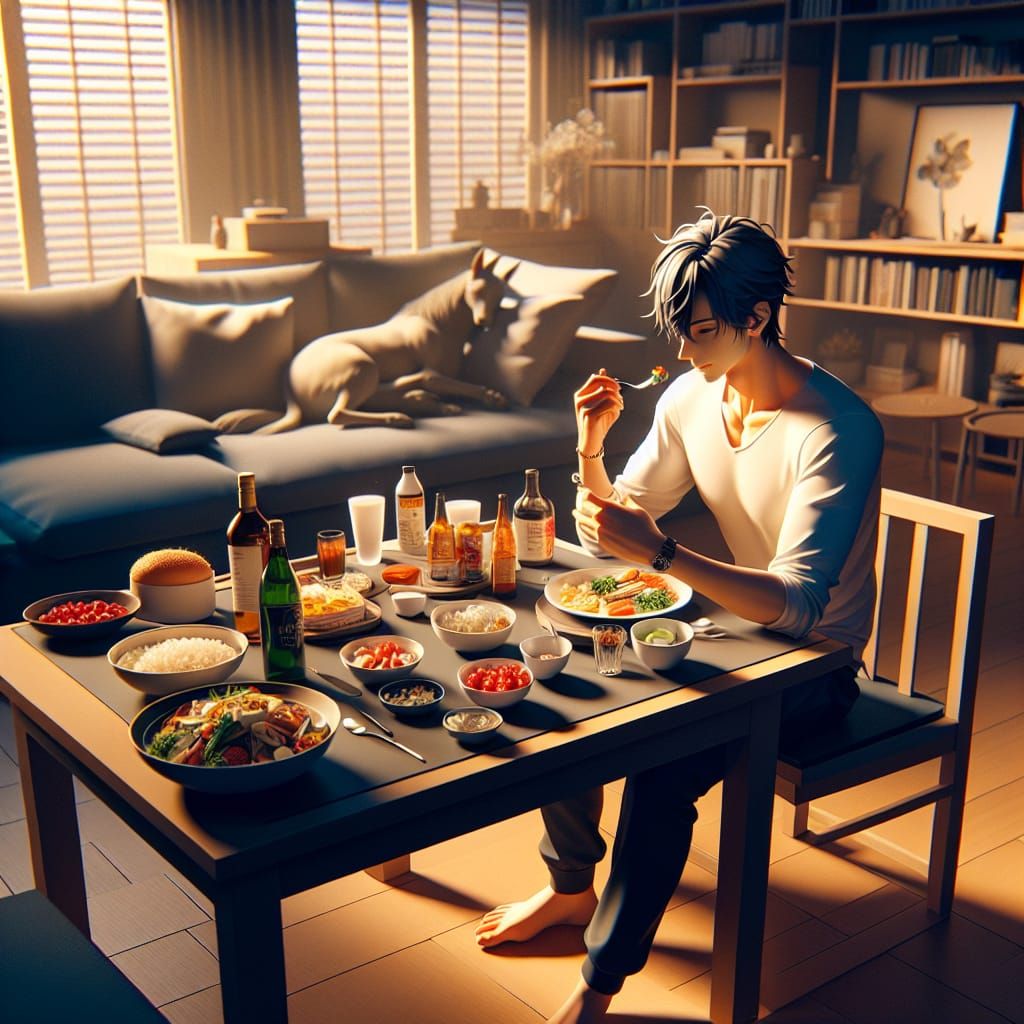 a anime eating food on table chair alone in home handsome guy - AI  Generated Artwork - NightCafe Creator