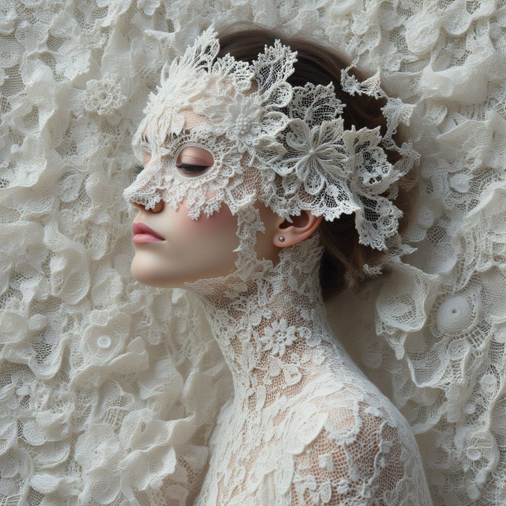 <lora:kak-lacemadness:1.0>Illustration of a Woman covered in lace, her face is also covered in lace on a lace background