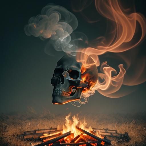 Rising smoke from a bonfire making a smoky wispy skull in the air ...