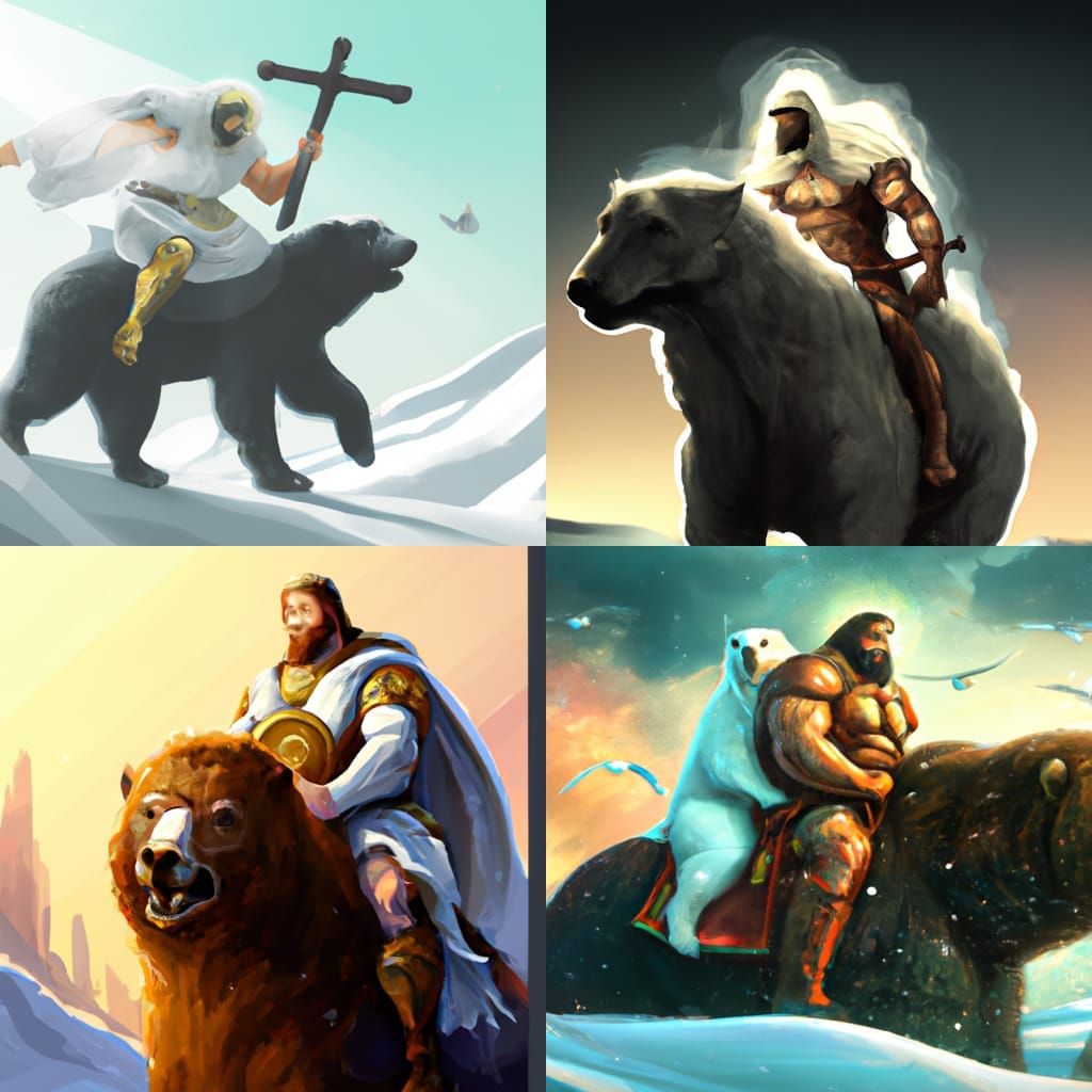 Jesus riding a polar bear into battle, digital art