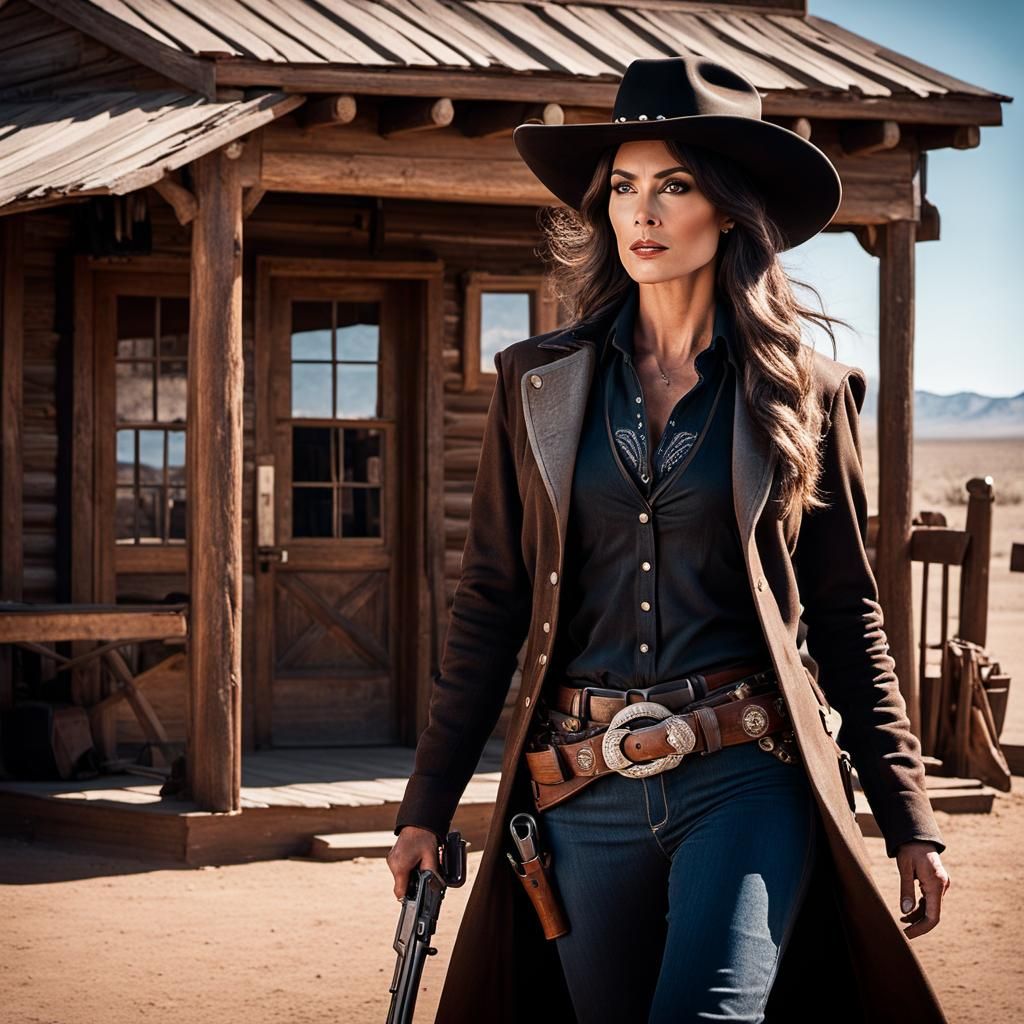 A female cowgirl gunslinger with dark dusty clothes and wide brimmed ...