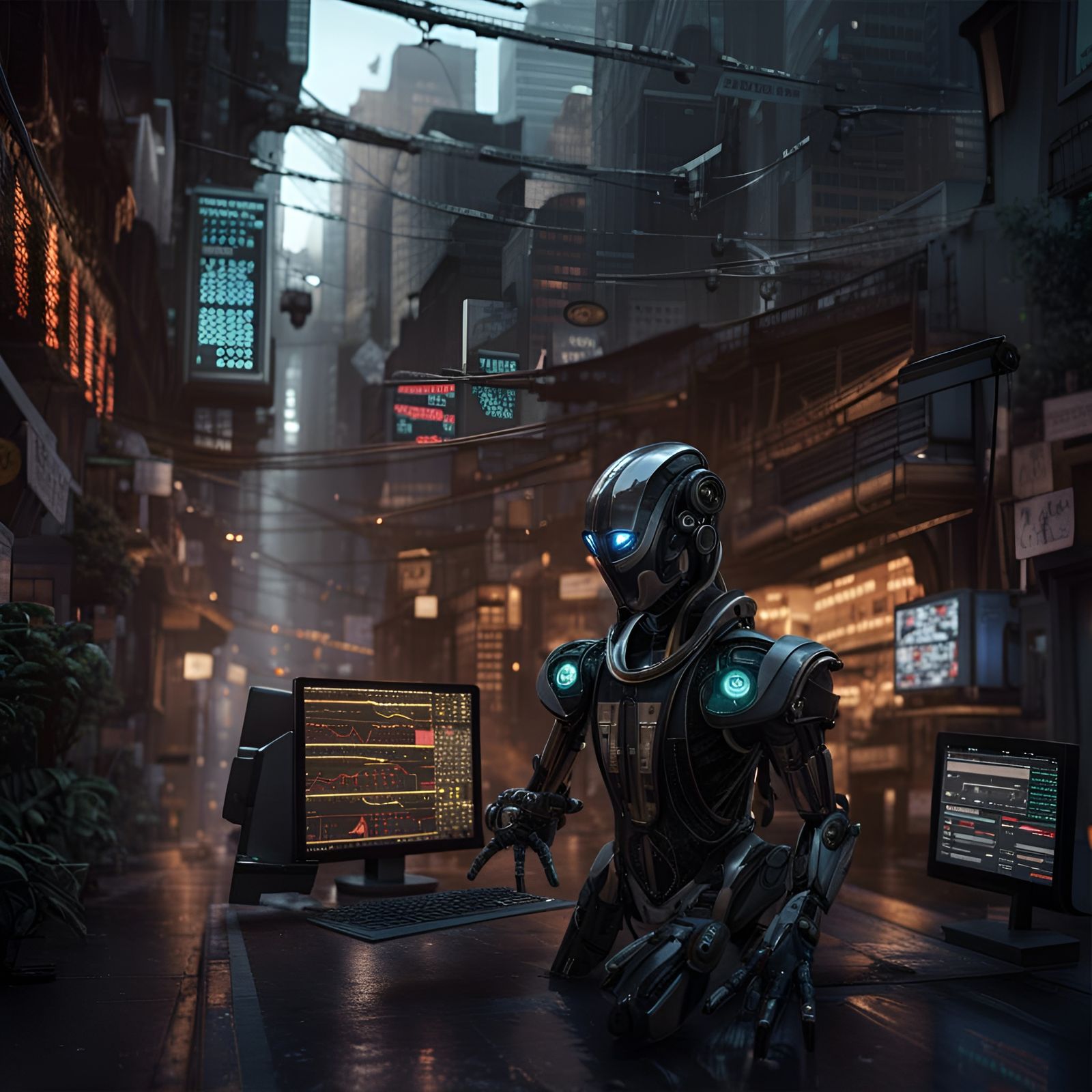 assasin robot morph in a street full of floating computer sc...