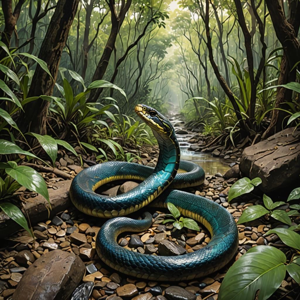 A king cobra slithers through a creek bed in a thick forest,...