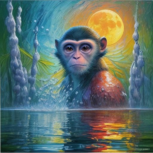 Monkey Fishing for the Moon: Expressionist Oil Painting