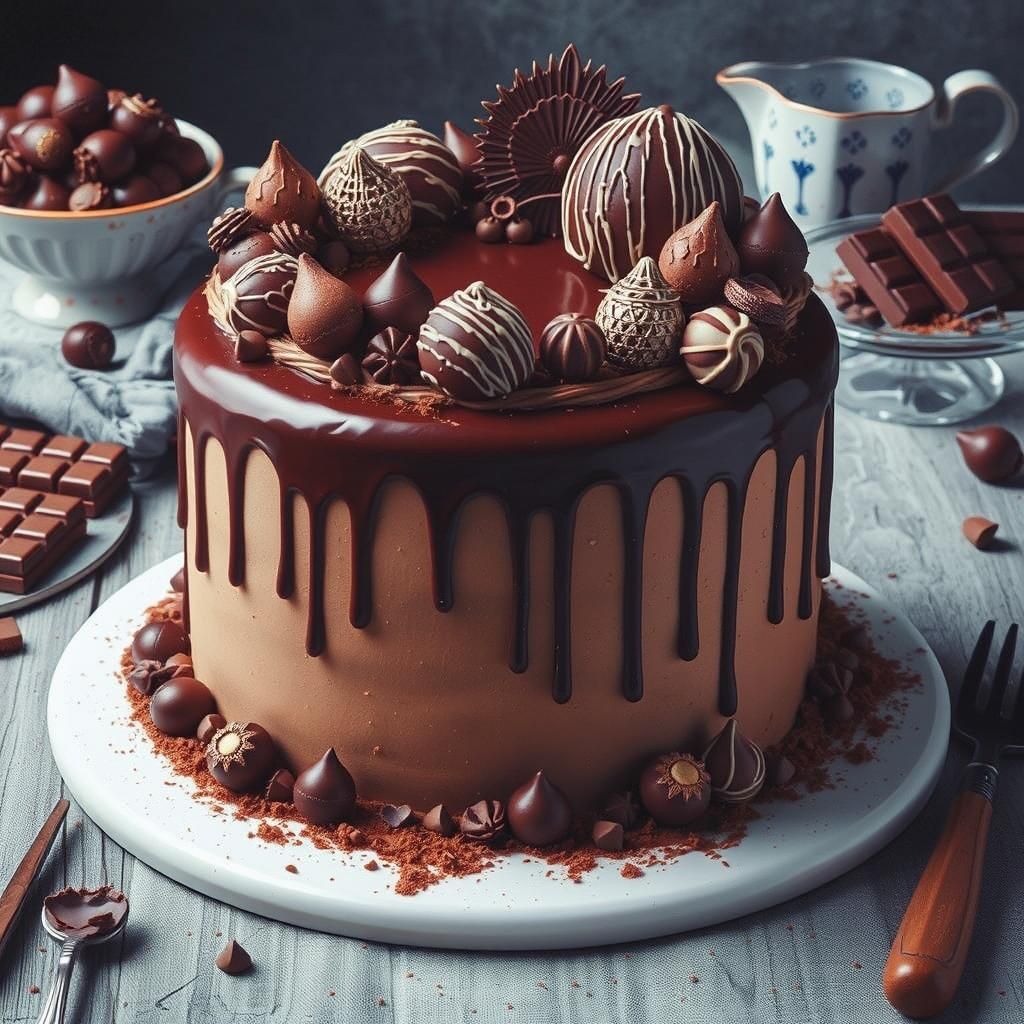 mouthwatering beautifully decorated chocolate drip cake, high contrast, milk chocolate, intricate details ...  by @Wildflowers77 