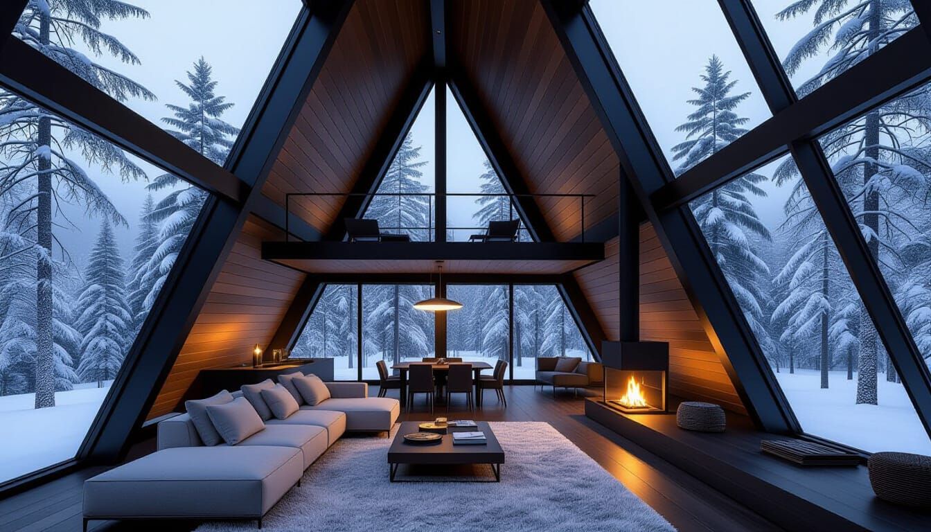 Dark, modern interior of an a-frame cabin in the woods, with large windows looking out on a snowy forest at night. the space features wood a...