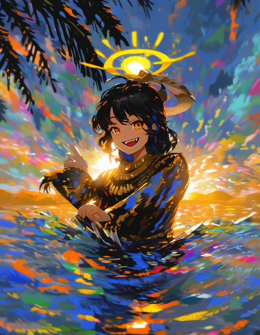 Anime with painterly triadic colors shading. cute dark-black...