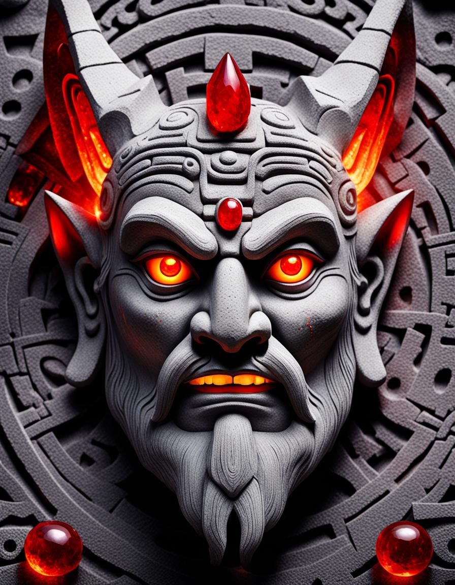 scenic picture of a ancient gambling god, grey stone face, p...