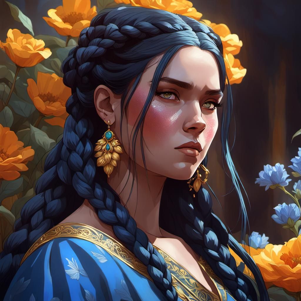 Brunhilde, beautiful and blackhaired,long braids, in blue gown,gold ...