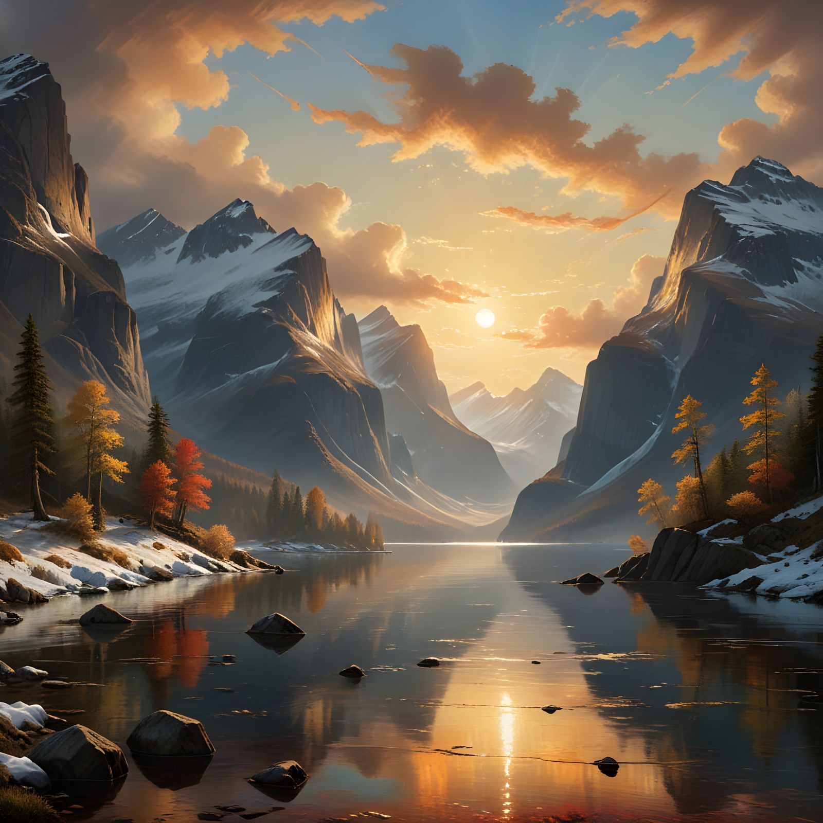 Vibrant Snowy Fjord Sunrise in Intricate Oil Painting Style