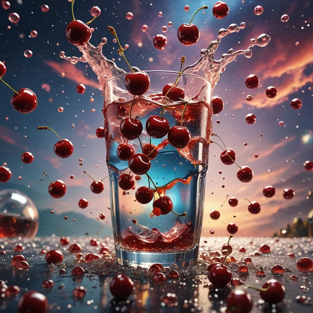 Photography of a tiny cherries being dropped into a sparklin...