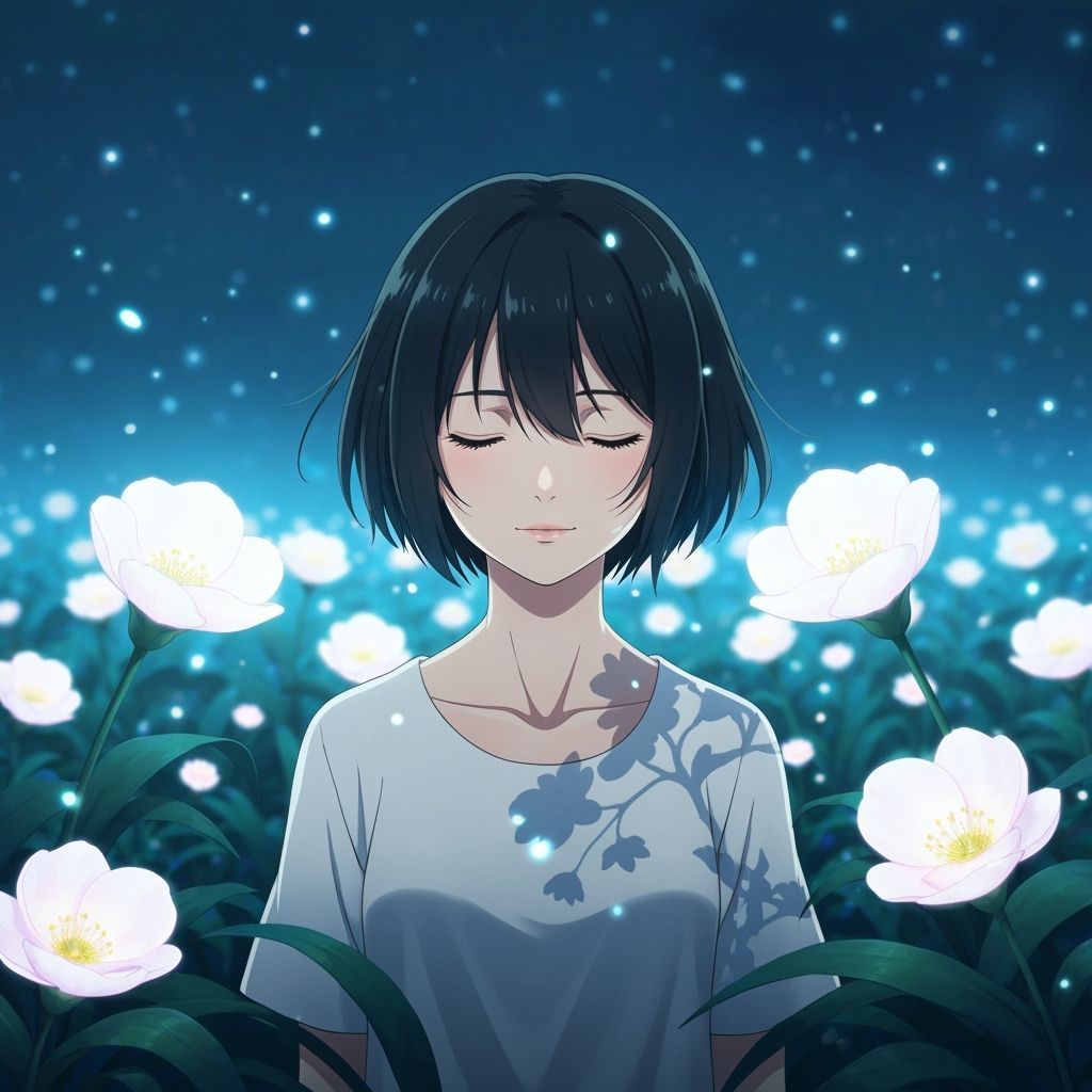 Anime Girl Meditating in Bioluminescent Flower Field