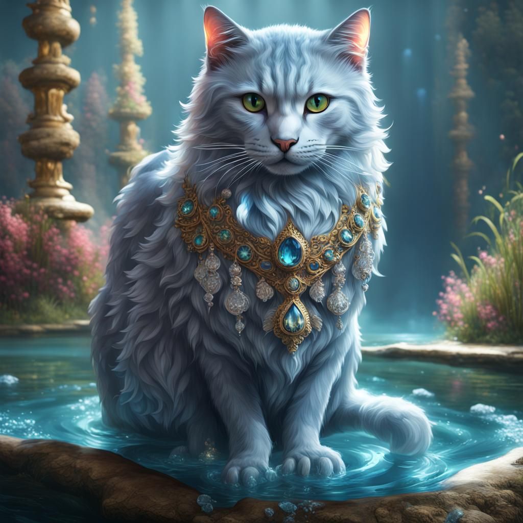 A beautifully regal cat made entirely of crystal clear water