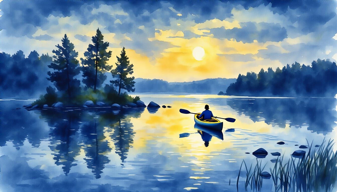 A nightly kayak paddler in blue and yellow  by @axelb