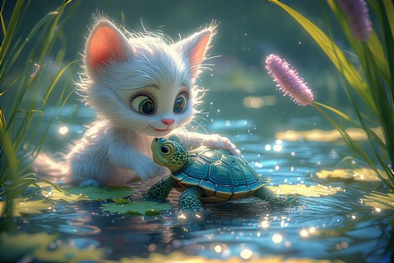 Kitten and Turtle Playing in the Water #1