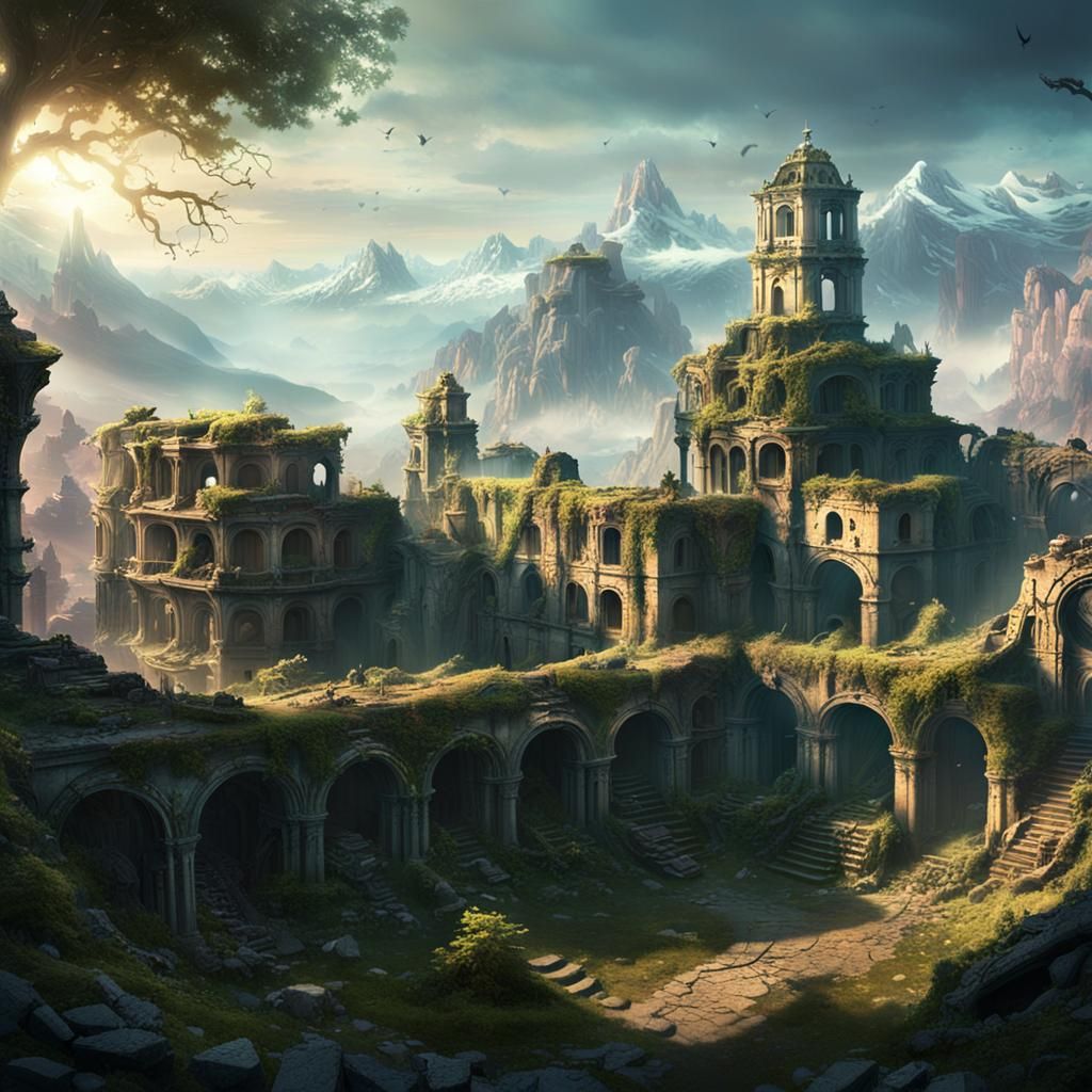 overgrown city, abandoned buildings, nature reclaiming, lush greenery, misty atmosphere, surreal, dreamy, Orton effect, forgotten world, sof...