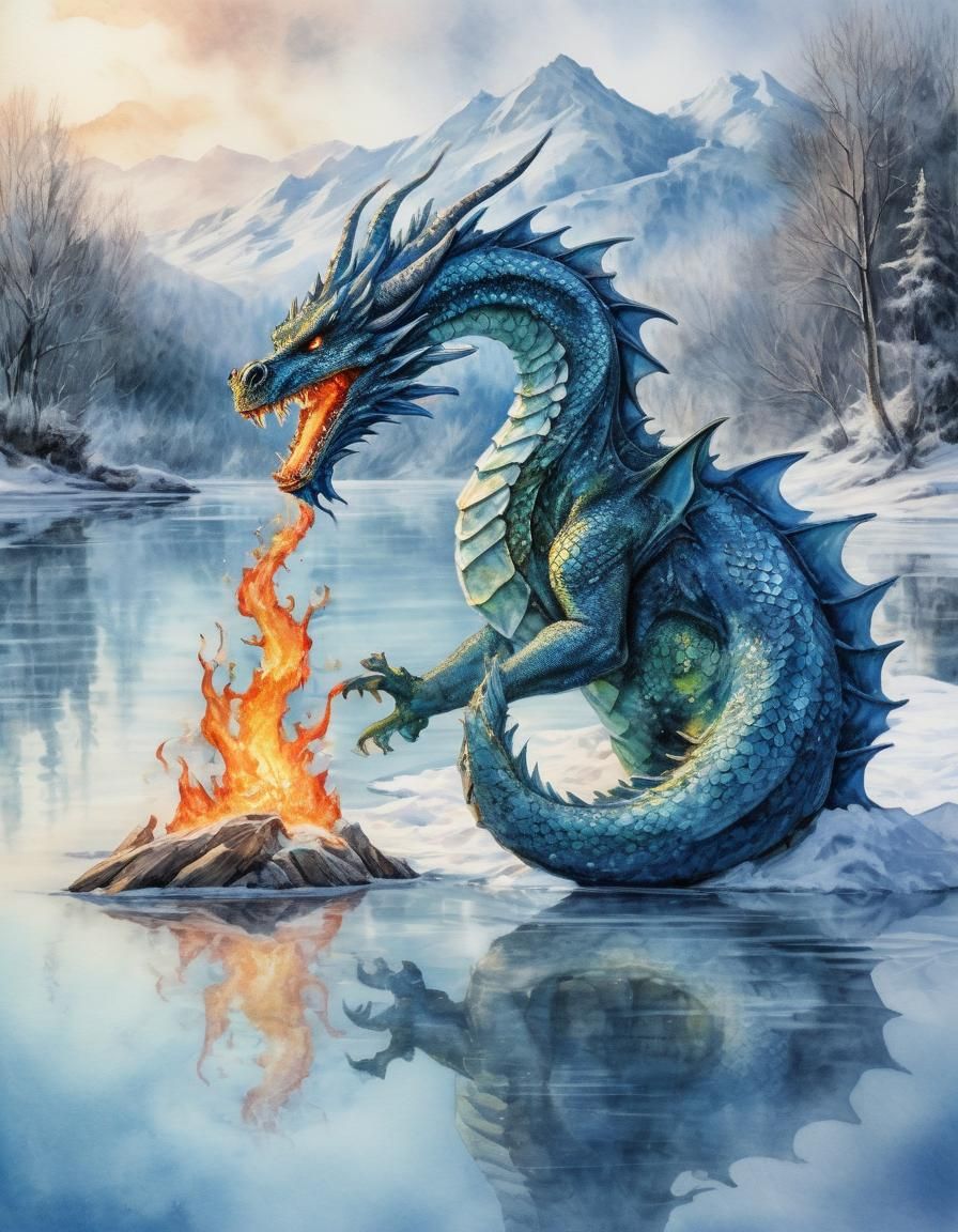 blue dragon, fire from the mouth, on an icy lake, the dragon...
