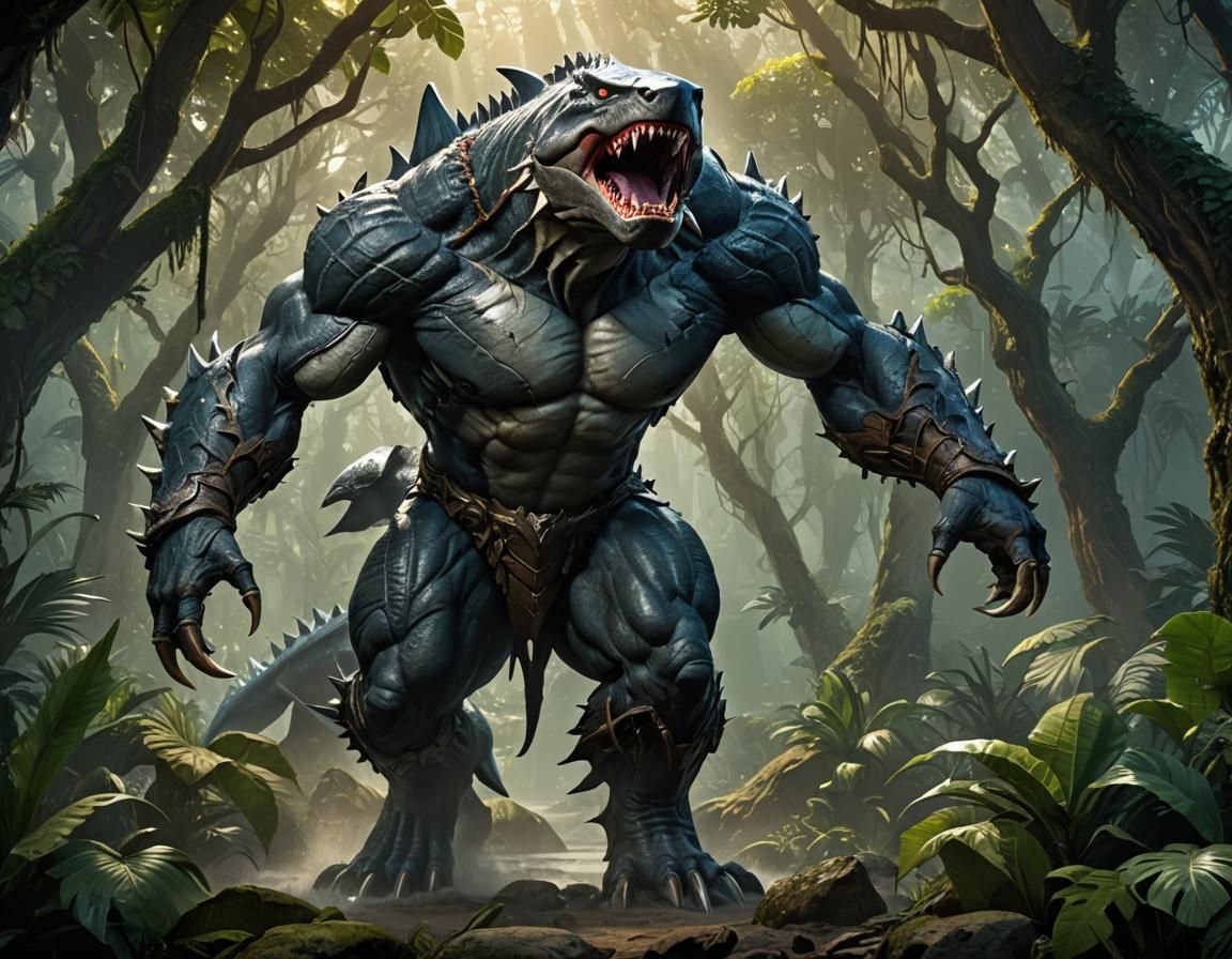Megalodon Warrior in Primeval Jungle