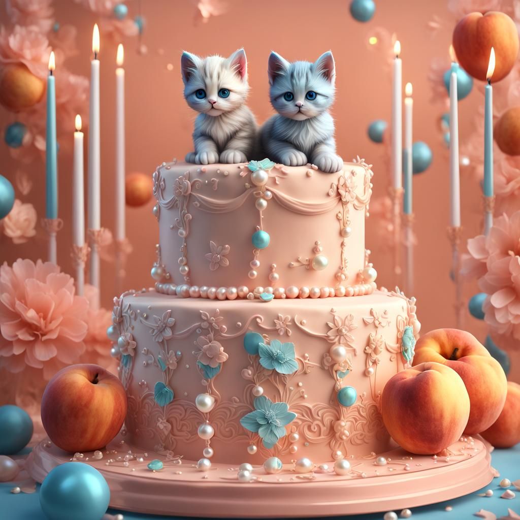 Tiny kittens made from icing decorating the top of a 2 tier ...