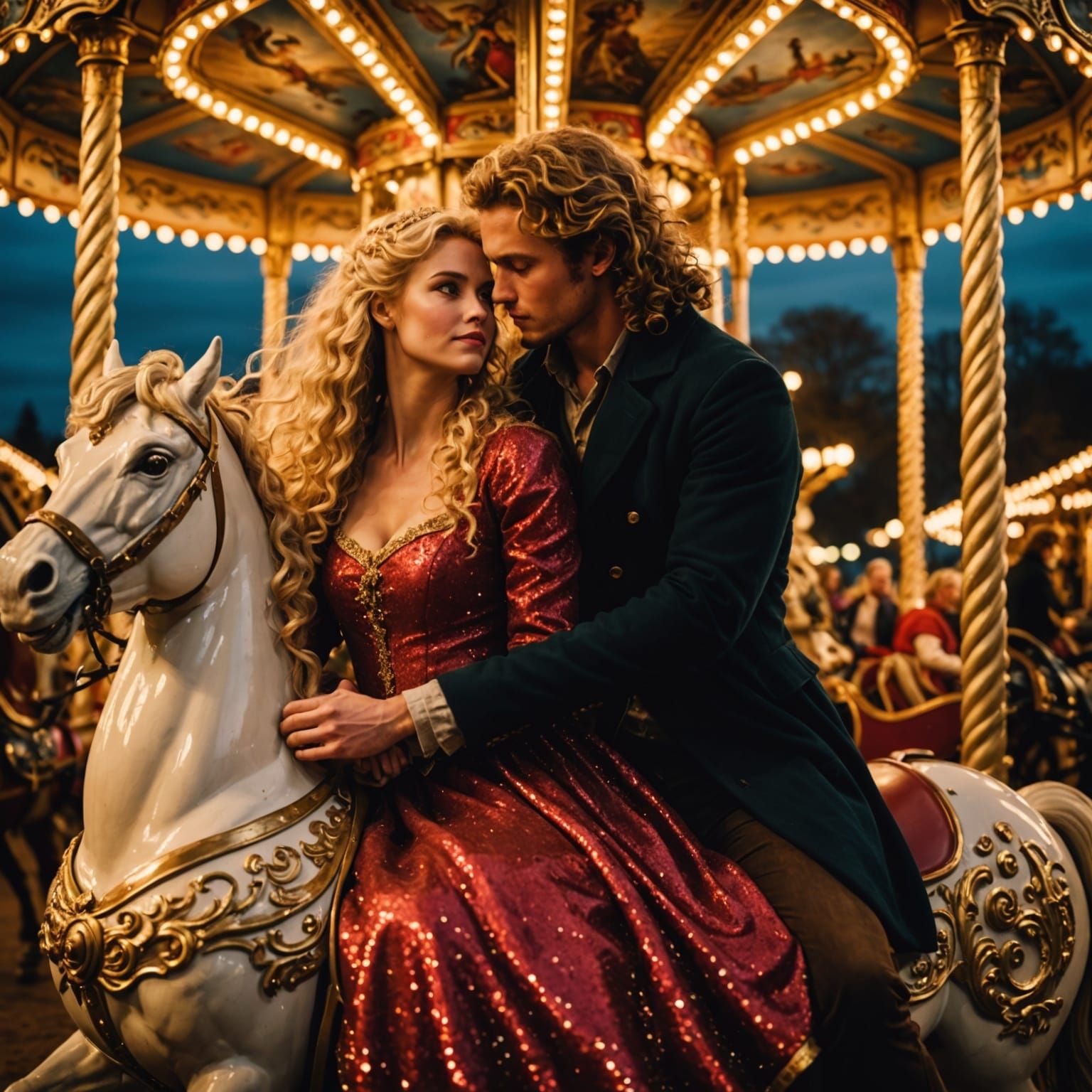 On a large carousel, they sit together on the dragon's A Blonde beautiful woman with long curly hair ...  by @Lintumilka Manonka