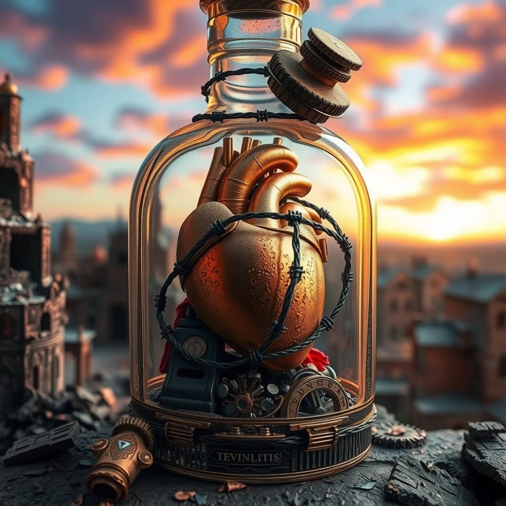 An ancient Roman city in a bottle reflecting a post-apocalyp...