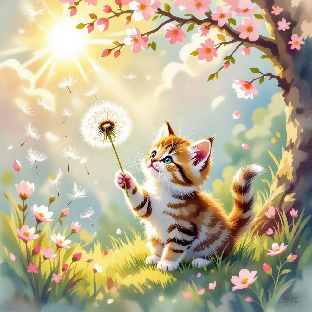 A whimsical scene of a tiny kitten batting playfully at a floating dandelion seed, surrounded by a soft, golden aura. Delicate blossoms drif...