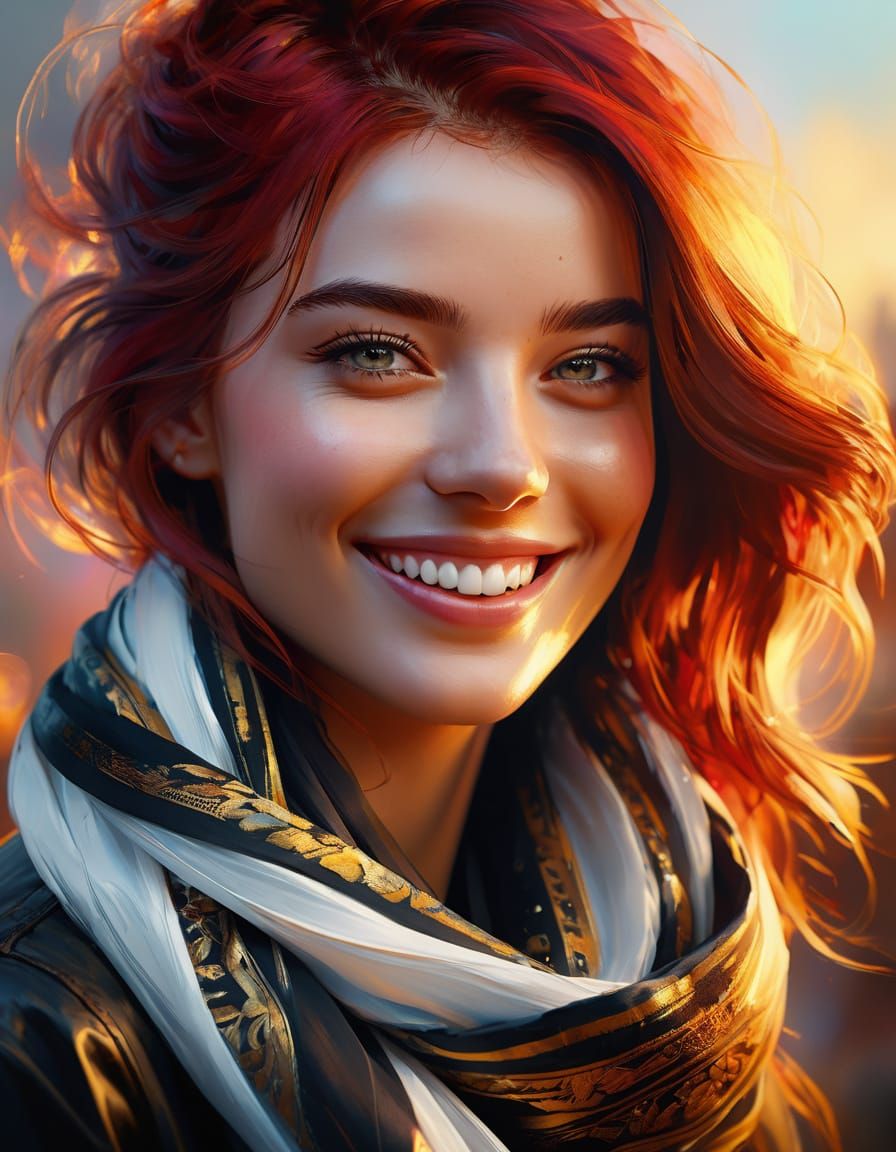 Happy Woman Portrait in Impasto Style with Golden Hour Light