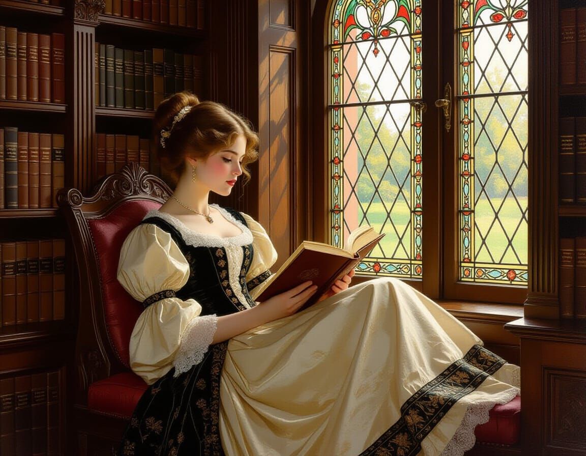 A beautiful young Victorian woman lounging in a window book nook in the library of her mansion reading ...  by @Troxley