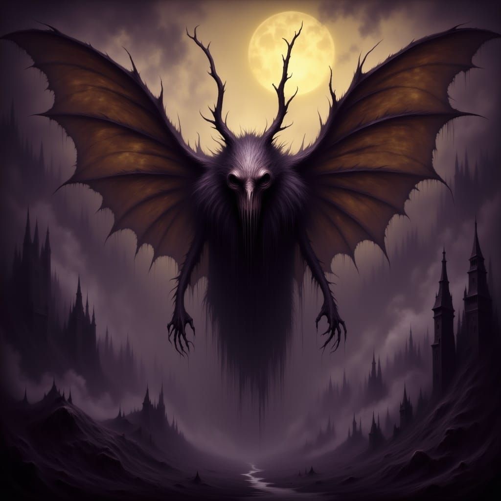 <lora:Pallo Monsters:1.0> Mothman in fog