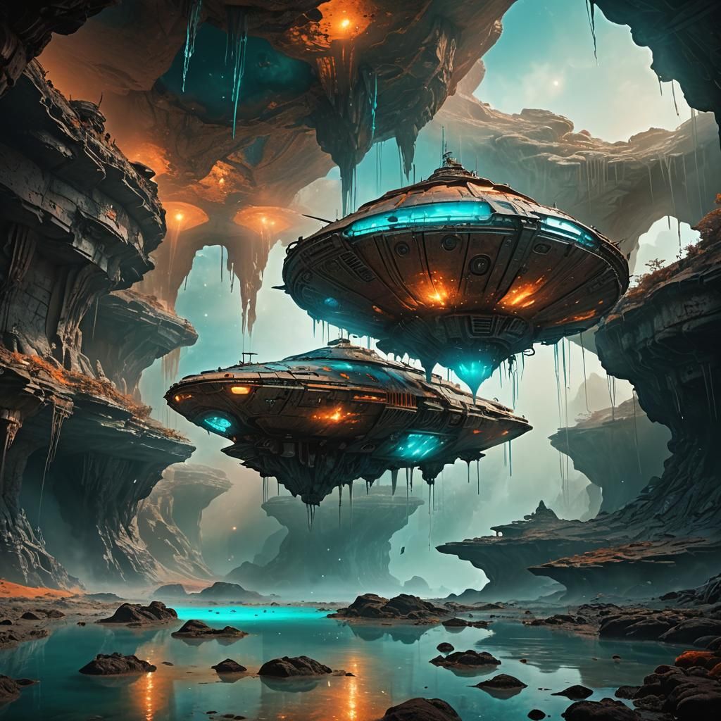 Alien Ship Scans Rock Pools: Matte Painting