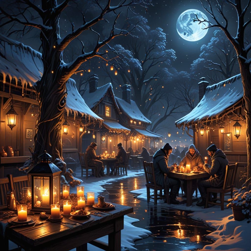 A winter feast celebrating Candlelight Eve with glowing lanterns