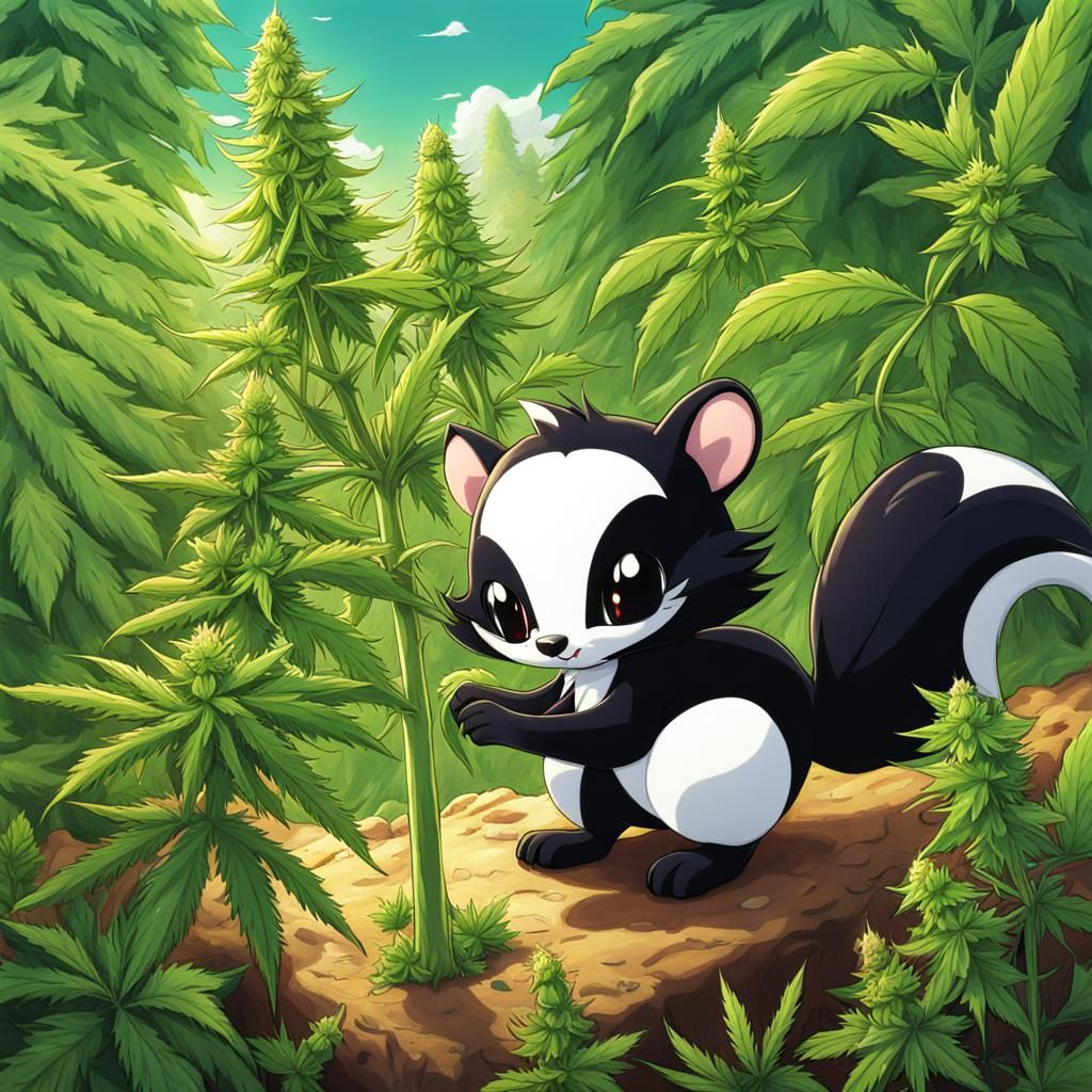 two legged skunk farm standing next to cannabis plant