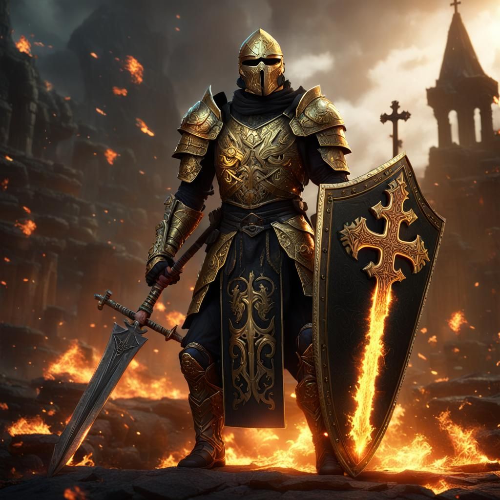 A divine man in black and gold plate armor holding a flaming sword and a shield with a cross on it and the word Somber