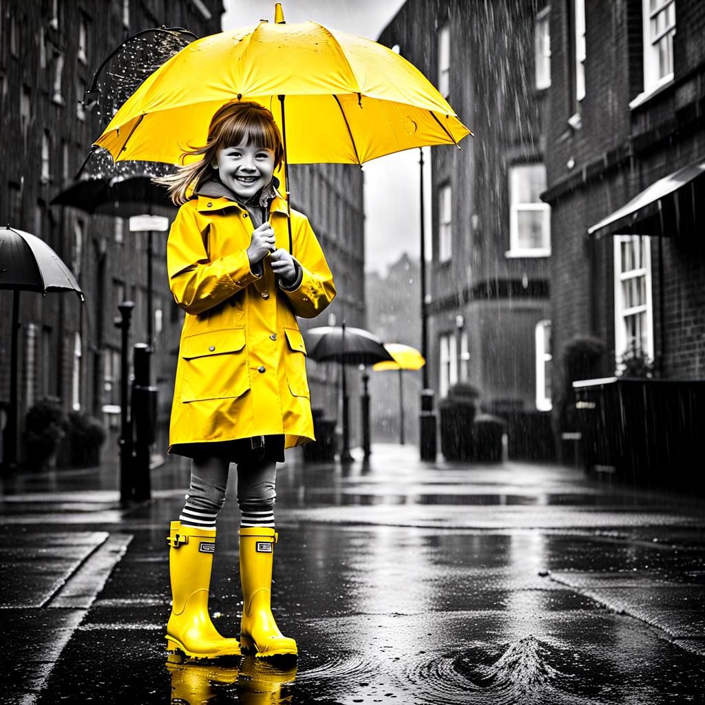 a bleak rainy day, monocrome.  A little girl wearing yellow wellingtons, and a yellow mackintosh, holding ...  by @whiterose