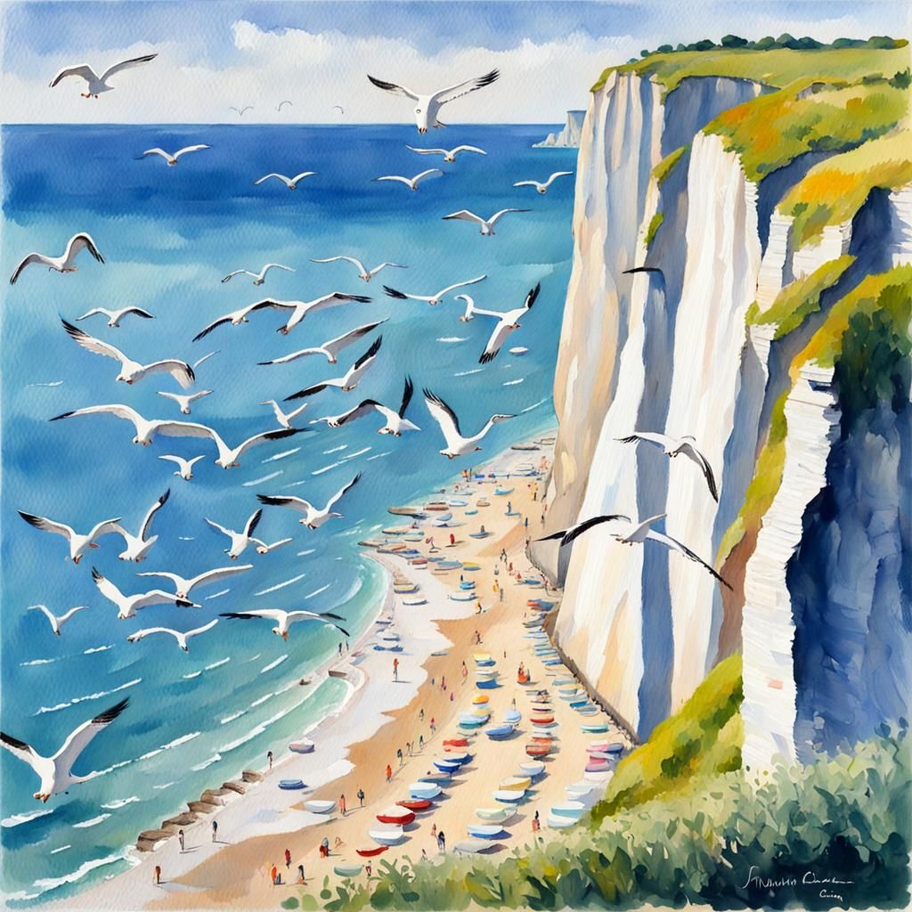 sea, white cliff, étretat, france, seagulls, blue see,   by @Rutger Geldhof