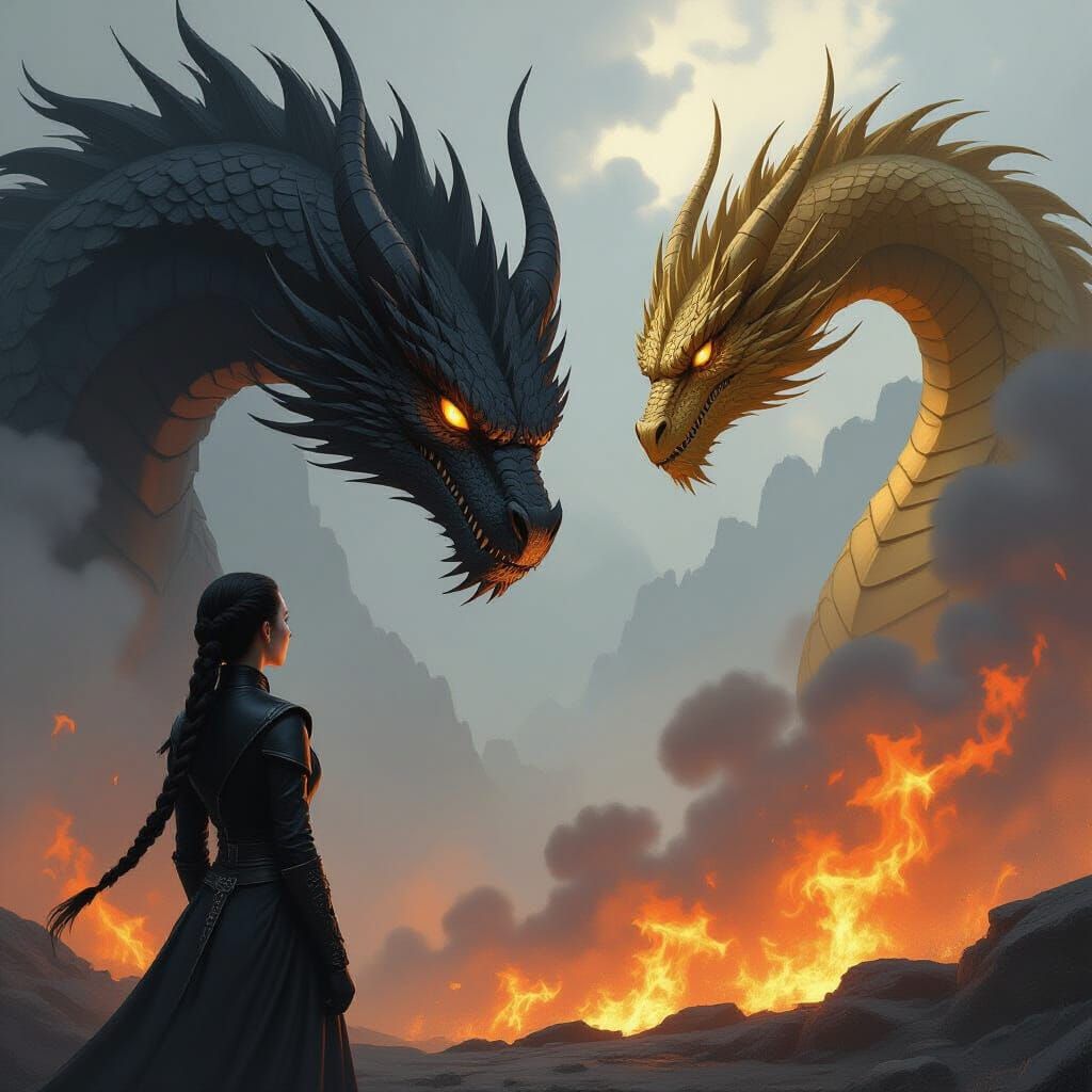 Draw a zoomed out image of the back of a standing stoic lady with a black braid and simple black leather clothing looking up at dragon facin...