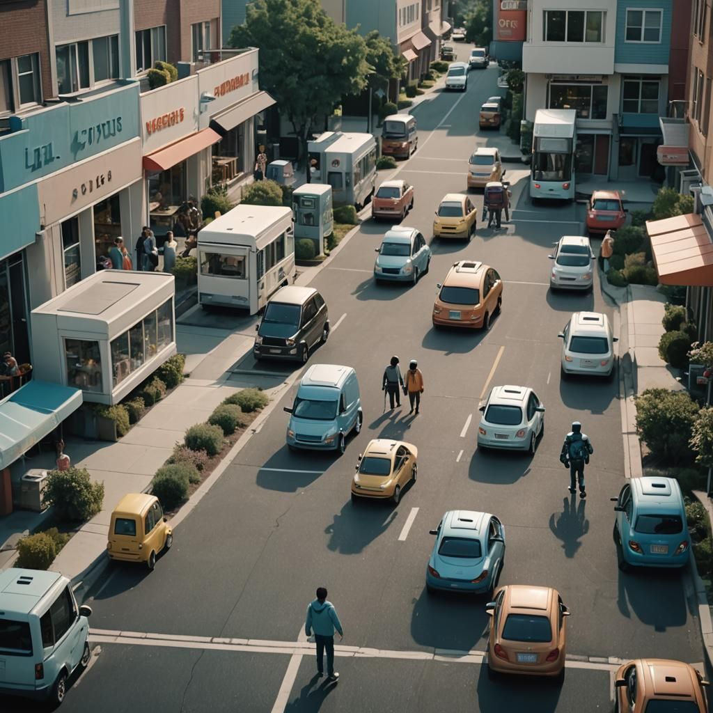 Image of a modern neighborhood, where robots and artificial intelligence work side by side with humans. The robots could be delivering goods...